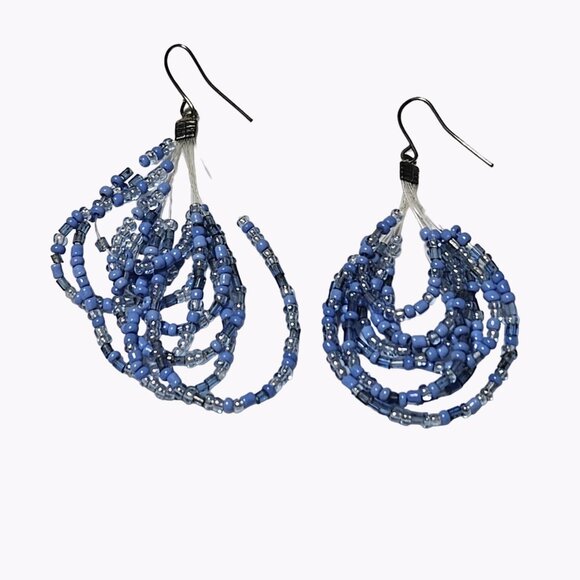 Elegant Blue Seed Bead Multi Strand Drop Earrings Statement Boho Fashion Jewelry - Picture 2 of 4